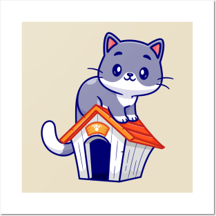 Cute Cat Sitting On Cat Cage Cartoon Posters and Art